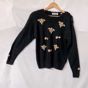 Vintage Karen Scott Black with Gold Flower Silk/Angora Blend Sweater.  Size M
